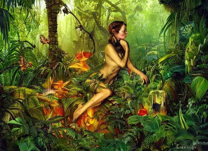 Image similar to lush nightlife in the jungle fairy foliage painting carved in amber by chiara bautista and norman rockwell and greg rutkowski weta studio