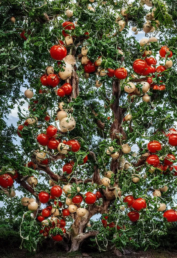 Prompt: extremely detailed fantasy tree growing out of a mozzarella ball, tomatoes hanging from the branches, very large basil leaves, twisted trunk, lots of mozzarella balls hanging in tree, plenty mozzarella, a fire burning in the pizza oven in the background, masterpiece, volumetric light, by hajime sorayama