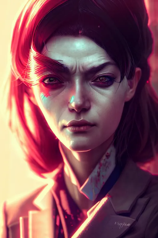 Image similar to hyperdetailed close portrait of a european woman in a worn out suit in a cyberpunk city inspired by ross tran and wlop and masamune shirow and kuvshinov, concept art, intricate, photorealistic, octane render, rtx, hdr, unreal engine, dnd digital art by artgerm