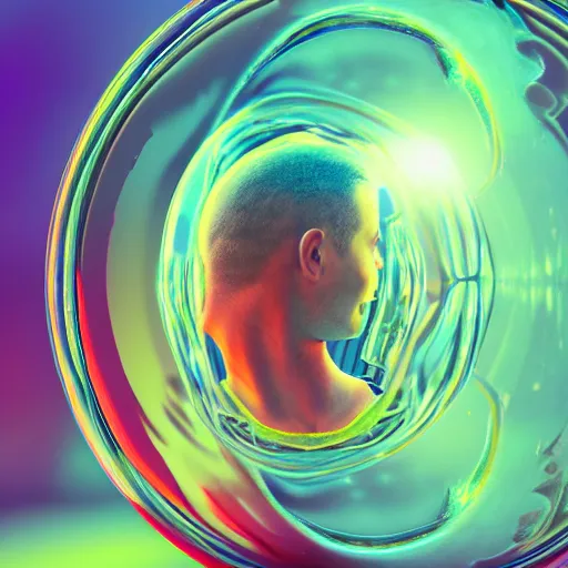 Prompt: guy staring at his reflection in a bubble, psychedelic digital render 8k