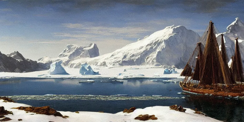 Prompt: Antarctica, oil painting, highly detailed, artwork, in style of Albert bierstadt