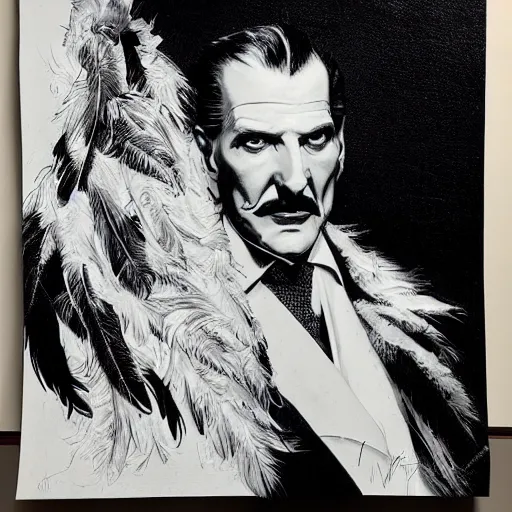 Image similar to vincent price as billionaire howard hughes in long black feathered cloak, black hands tipped with black claws, feathers growing out of skin, at opulent desk, vivid, mike mignogna, illustration, highly detailed, rough paper, dark, oil painting