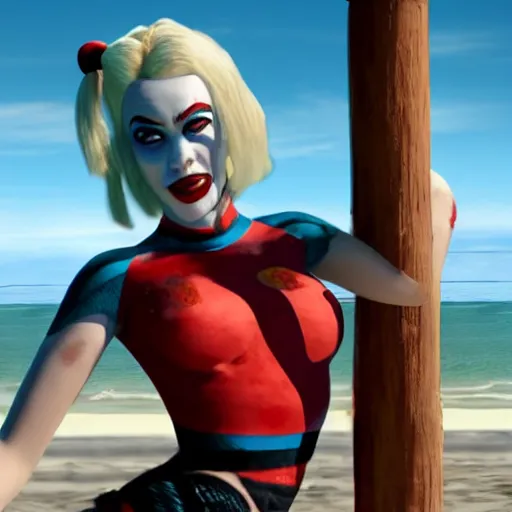 Image similar to harley quinn at the beach 4 k detailed super realistic