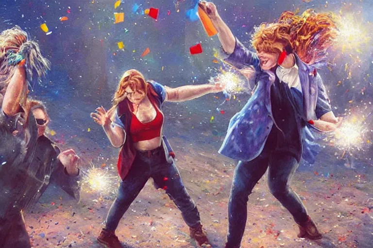 Image similar to portrait of rip taylor throwing confetti at an upset emma watson, an oil painting by ross tran and thomas kincade