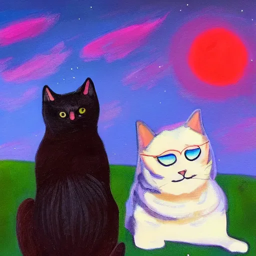 Image similar to A painting of a dog and a cat staring up at the night sky from https://www.artstation.com/smartist