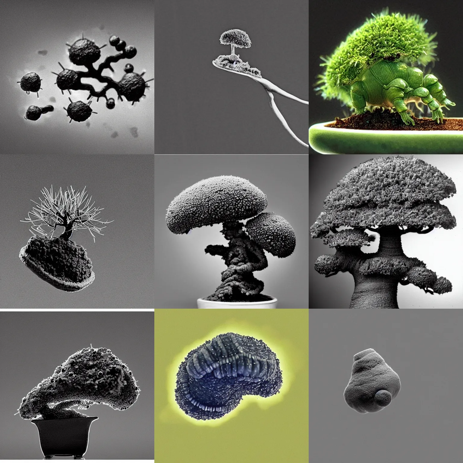 Prompt: a microscopic tardigrade shaped like a bonsai tree, phase-contrast microscopy electron microscope capture