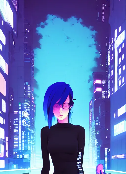 Image similar to digital illustrationportrait of cyberpunk pretty girl with blue hair, wearing a tight black dress, in city street at night, by makoto shinkai, ilya kuvshinov, lois van baarle, rossdraws, basquiat