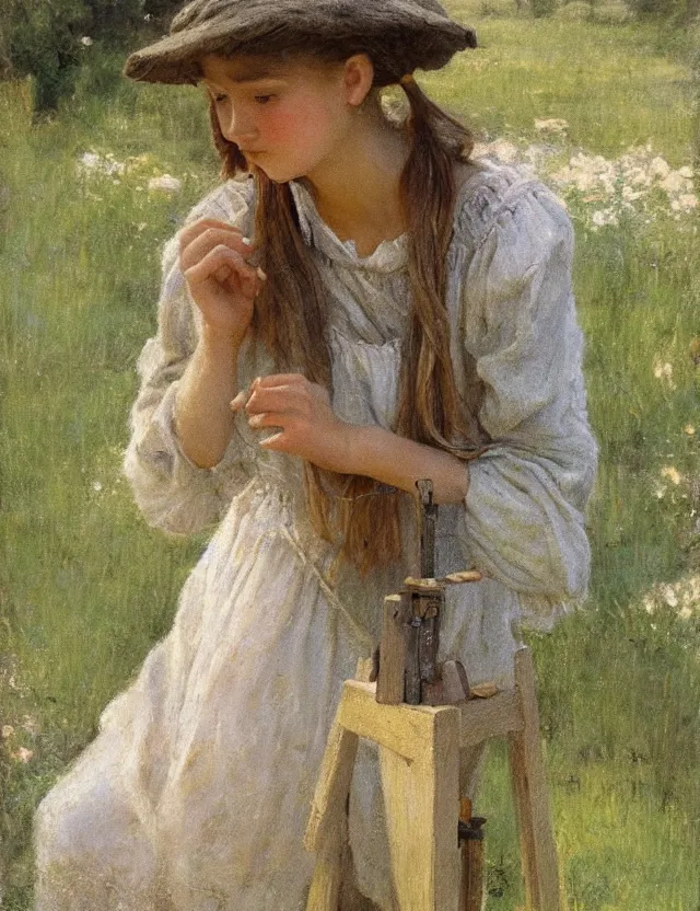 Prompt: peasant girl drawing on a easel, cottage core, cinematic focus, polaroid photo bleached vintage pastel colors high - key lighting, soft lights, foggy, by steve hanks, by lisa yuskavage, by serov valentin, by tarkovsky, detailed, oil on canvas