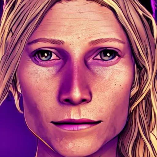 Image similar to gwyneth paltrow portrait, borderlands, tales from the borderlands, the wolf among us, comic, cinematic lighting, studio quality, 8 k