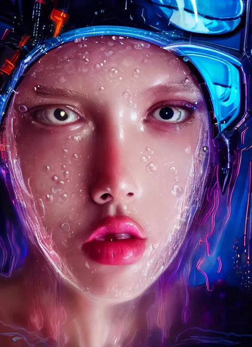 Image similar to beautiful extreme closeup portrait of an cyberpunk girl fully submerged ecxept of the top of her head, stunning look in her eyes, water reflection, neon lighting, in the style of Andrey Gevechanov, highly detailed, soft lighting, elegant,sigma 85mm, Edward Hopper and James Gilleard, Zdzislaw Beksinski, Steven Outram, highly detailed