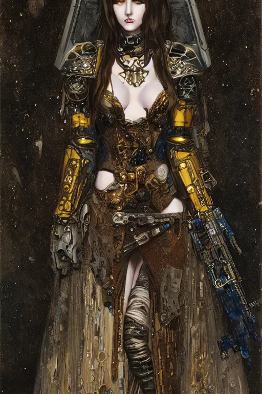 Prompt: beautiful young gothic maiden, cyberpunk, Warhammer, highly detailed, artstation, illustration, art by Gustav Klimt