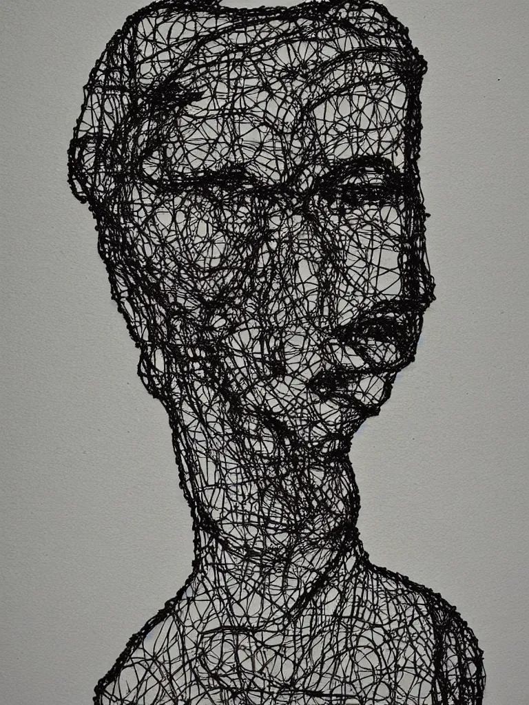 Prompt: metal wire art about an elegant woman. portrait influenced by egon schiele.