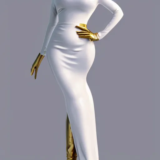 Prompt: curvy feminine hot goth cutie in a sublime elegant polished white latex neck-high gown with golden trim and latex leggings, thin waist, cgsociety, photorealistic, comfy ambience, idealistic, 16k, smooth, sharp focus, trending on ArtStation, volumetric lighting, fully clothed, worksafe