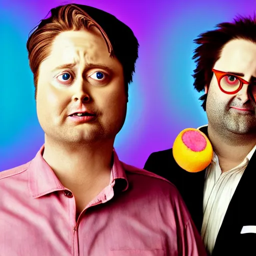 Image similar to realistic beautiful portrait of tim heidecker and Eric Wareheim (Tim and Eric), synthwave funny style