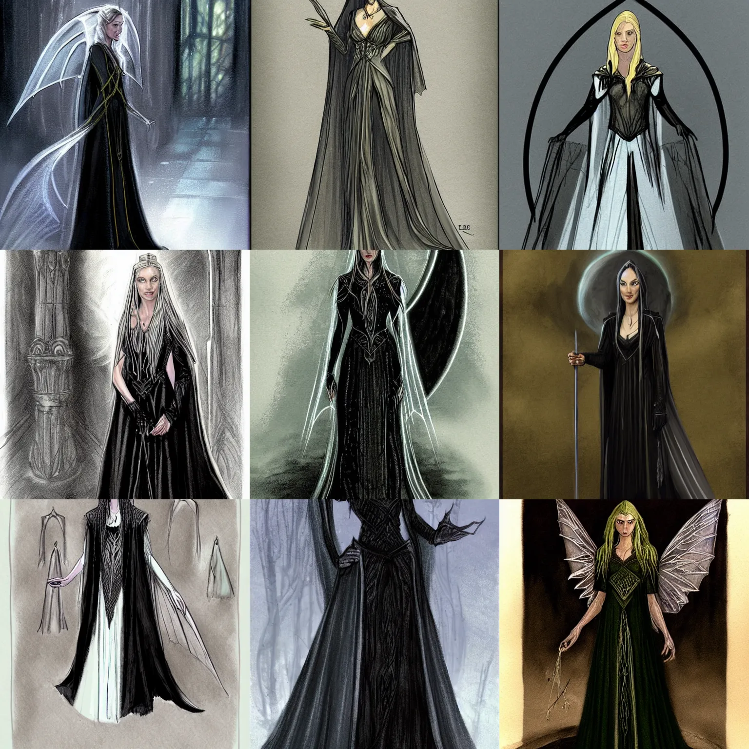 Prompt: Galadriel, dressed in a black dress, fantasy concept art by J.Dickenson