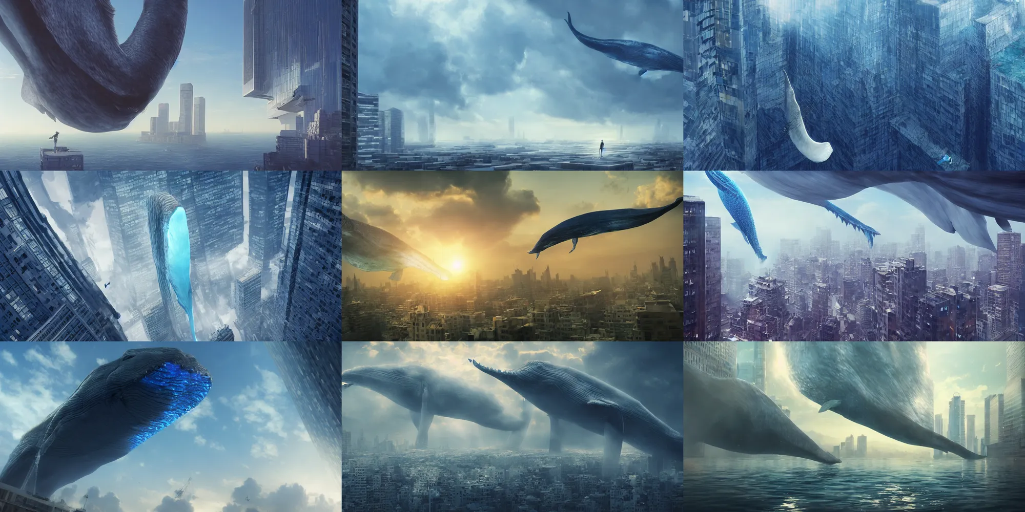 Prompt: a huge bluewhale is floating in mid air near a skyscraper, epic, cinematic shot, soft light, soft colore, artstation, atmosphere, high definition