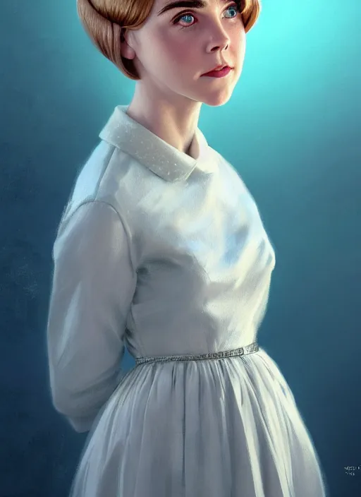 Image similar to portrait of kiernan shipka with freckles, white hair, big 1 9 6 0 s bob hairstyle with bangs and hairband, blue 1 9 6 0 s dress, intricate, elegant, glowing lights, highly detailed, digital painting, artstation, concept art, smooth, sharp focus, illustration, art by wlop, mars ravelo and greg rutkowski