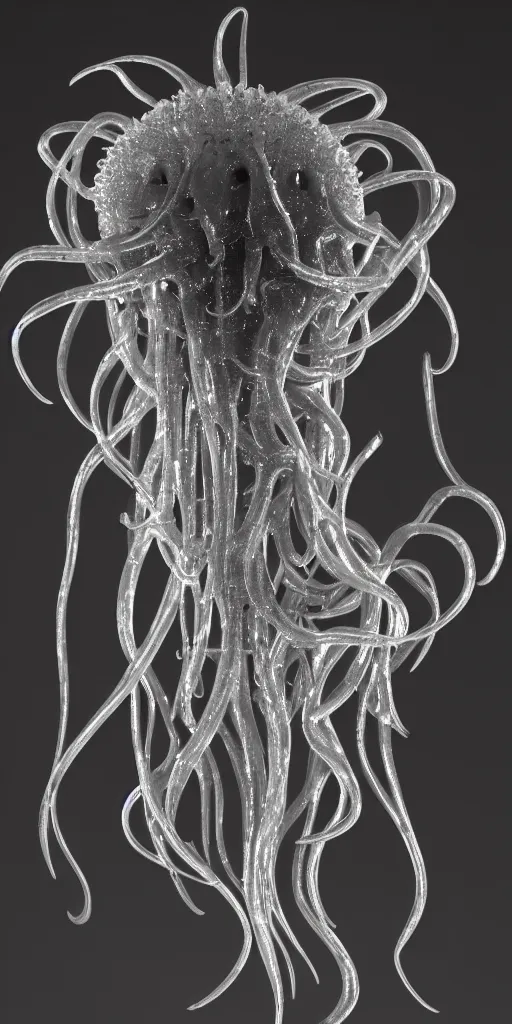 Image similar to a photorealistic render of a metallic neotribal jellyfish, greyscale, made of melted plastic and marble, c 4 d, by zhelong xu and ernst haeckel, wide angle, hyper realistic, plain black background, 8 k, volumetric lightning, octane render
