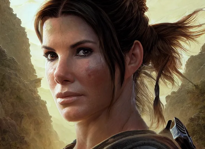 Prompt: face portrait of concentrated young Sandra Bullock as Lara Croft with pig-tails entering an incredible epic ruin, glorious sun beams, intricate, elegant, highly detailed, digital painting, short focus, illustration, Allan Lee, John Howe