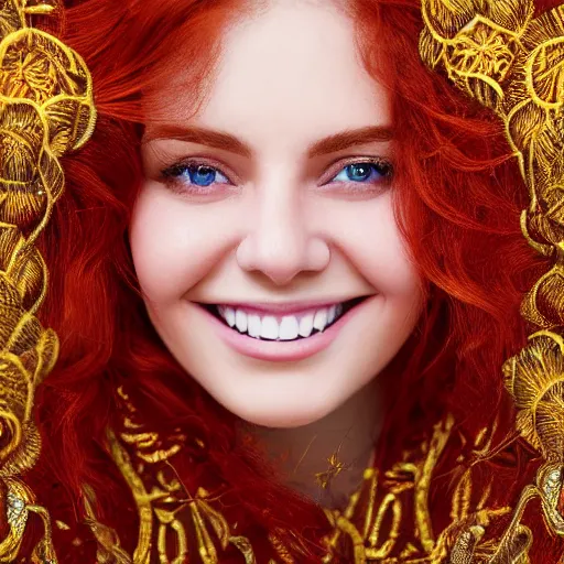 Image similar to Close up of a Highly detailed embroidery painting of a beautiful young woman with red hair, smiling, white clothes with gold details, Golden thread, golden details, intricate details, intricate patterns 4k, 8k, HDR