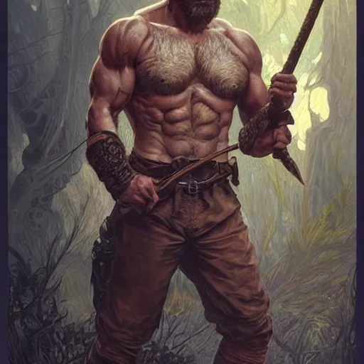 Prompt: portrait of a rugged ranger, 4 0 years old, muscular, upper body, hairy torso, d & d, fantasy, intricate, elegant, highly detailed, digital painting, artstation, concept art, smooth, sharp focus, illustration, art by artgerm and greg rutkowski and alphonse mucha