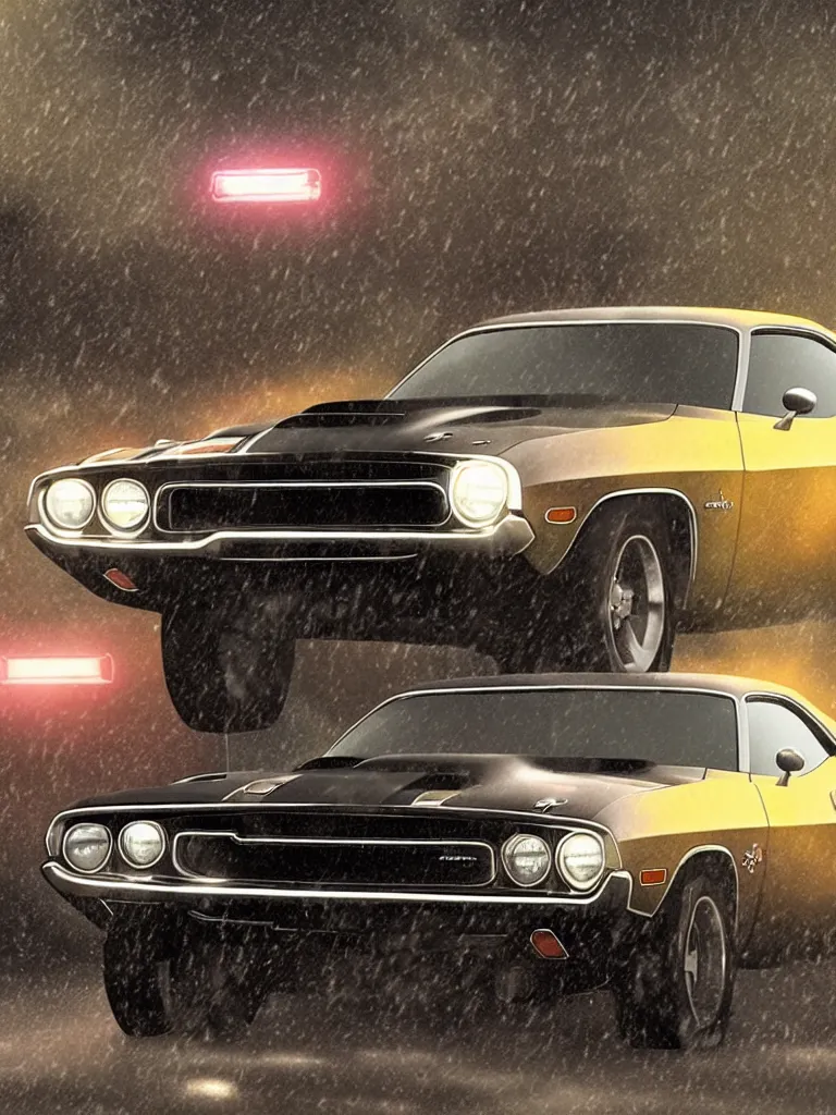 Image similar to a realistic detailed photo of karl havoc driving a 1 9 7 0 dodge challenger in the rain, character concept, cinematic lighting, global illumination radiating a glowing aura, i think you should leave