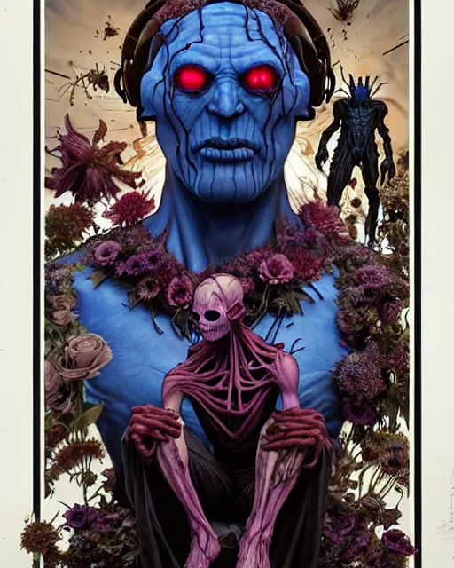 Image similar to the platonic ideal of flowers, rot and insects of cletus kasady ultimate carnage thanos dementor doctor manhattan chtulu nazgul groot, detailed, intricate, hyperrealism, intense, scary, decay, dmt, art by brock hofer and artgerm and greg rutkowski and alphonse mucha