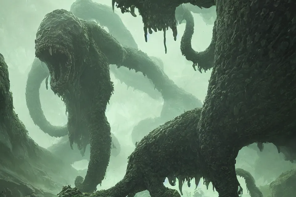 Image similar to huge jungle slime monster, apocalyptic goo creature, character art by Greg Rutkowski, 4k digital render