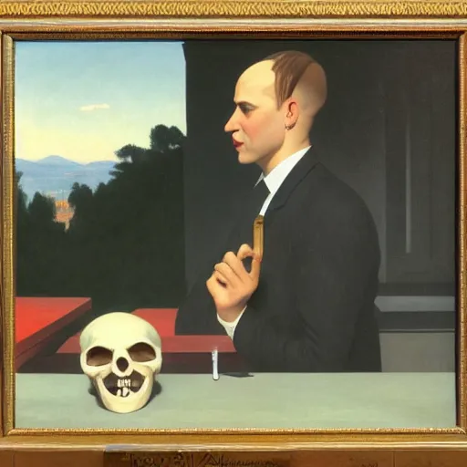 Image similar to a portrait painting of a man in a suit with a skull as his head smoking a cigarette, head is surrounded by clouds, in the style of Edward Hopper and William Adolphe Bouguereau, 4k,