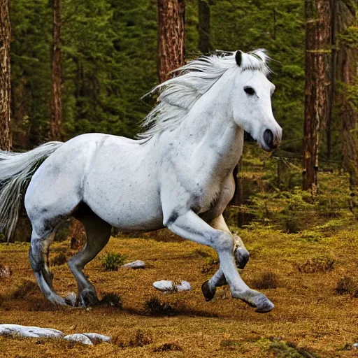 Prompt: a galloping wild horse at an old-growth-forest, by national-geographic