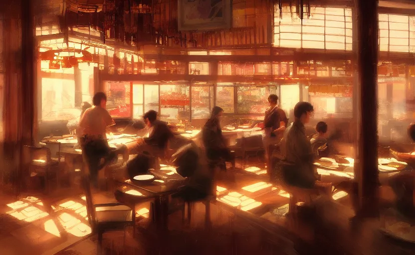 Image similar to a busy Japanese restaurant interior, painting by Craig Mullins, octane rendering, warm moody lighting, wide angle lens, low view, in the style of Pixar animation, trending on artstation,