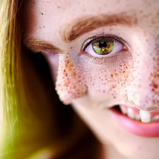 Image similar to a beautiful trending photo of over a ten million views from a beautiful freckled female fashion model's instagram account with her smiling and flashing her bright green eyes, she's is natural, easygoing and healthy, shot with nikon, leica, zeiss, 5 0 mm lens, flash fill, f 1. 8 depth of field, 8 k, professional!!!