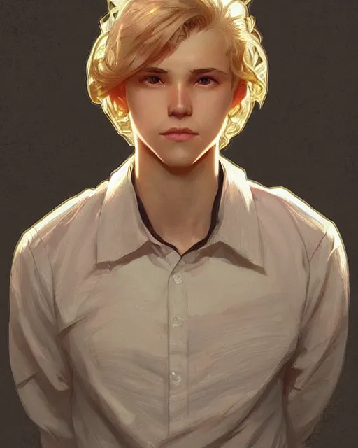 Image similar to 1 5 - year - old boy with blonde hair, round - face, and slightly buck - toothed, highly detailed, digital painting, artstation, concept art, smooth, sharp focus, illustration, art by artgerm and greg rutkowski and alphonse mucha