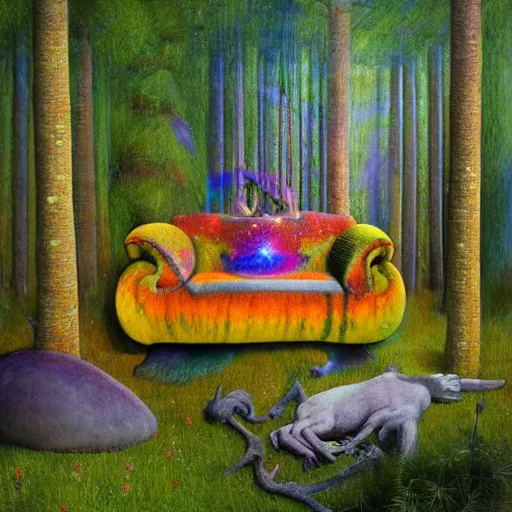 Image similar to psychedelic couch sofa in the lush pine forest, milky way, moose antlers, designed by arnold bocklin, jules bastien - lepage, tarsila do amaral, wayne barlowe and gustave baumann, cheval michael, trending on artstation, star, sharp focus, colorful refracted sparkles and lines, soft light, 8 k 4 k