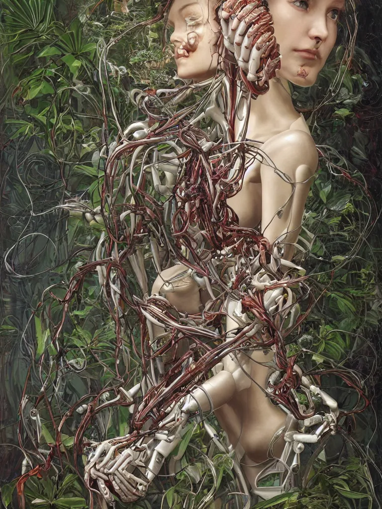 Prompt: portrait of a beautiful female android robot holding a realistic anatomical heart in her hands and crying, there are wires coming from her heart, tangled and entwined with her long flowing hair, mecha, biopunk, white xenomorph, bones, surrounded by tropical plants, painting by James C. Christensen, by Dan Witz, by tomasz alen kopera