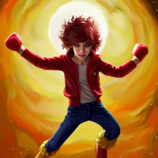 Image similar to colorful and festive captivating young child boy, brown fluffy hair, wearing red and yellow hero suit, shooting a crescent moon out of his fist. full body, rich vivid colors, ambient lighting, dynamic lighting, 4 k, atmospheric lighting, painted, intricate, highly detailed by charlie bowater