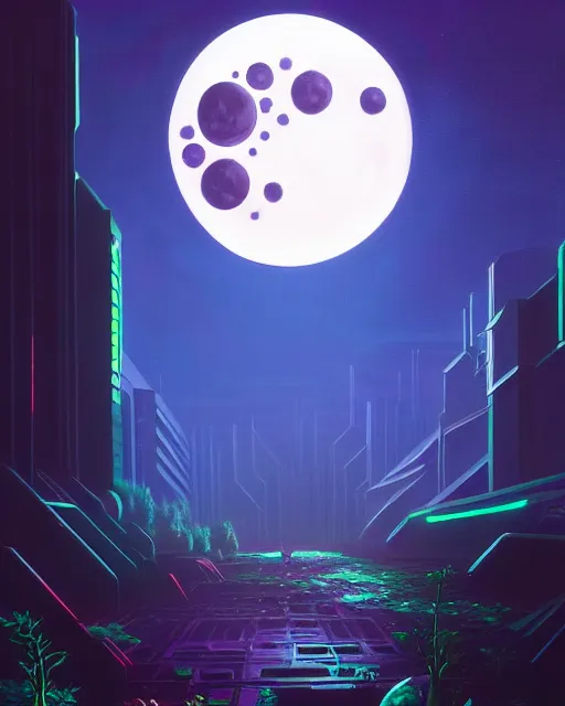 Image similar to a dark cyberpunk acrylic painting of a moon garden, trending on ArtStation, Beeple