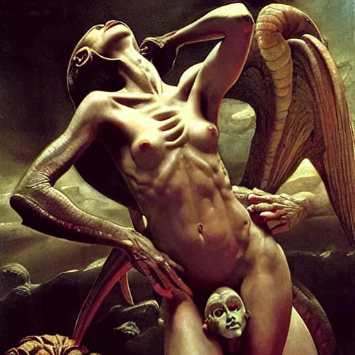 Prompt: still frame from Prometheus movie, Slaanesh succubus ornate godess by wayne barlowe by caravaggio by giger by malczewski