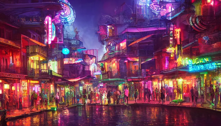 Prompt: futuristic bourbon street with color lights at night, fanfare, hyperdetailed, artstation, cgsociety, 8 k