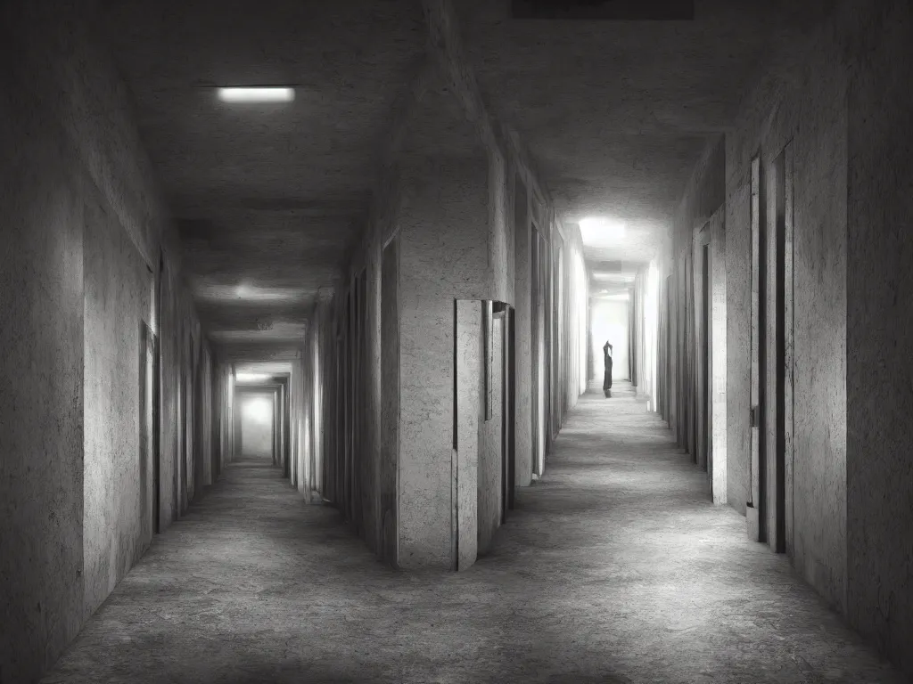 Image similar to dark and dim corridor, haunted, long exposure, detailed, hyper realistic, photorealism, ultra wide angle view, cinematic, peaceful, volumetric lighting