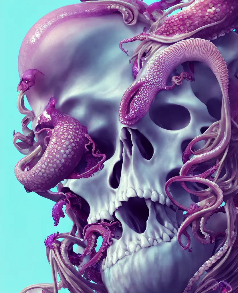 Image similar to goddess close - up portrait human skull, ram skull, squid phoenix jellyfish, orchid, betta fish, bioluminiscent, intricate artwork by tooth wu and wlop and beeple. octane render, trending on artstation, greg rutkowski very coherent symmetrical artwork. cinematic, hyper realism, high detail, octane render, 8 k