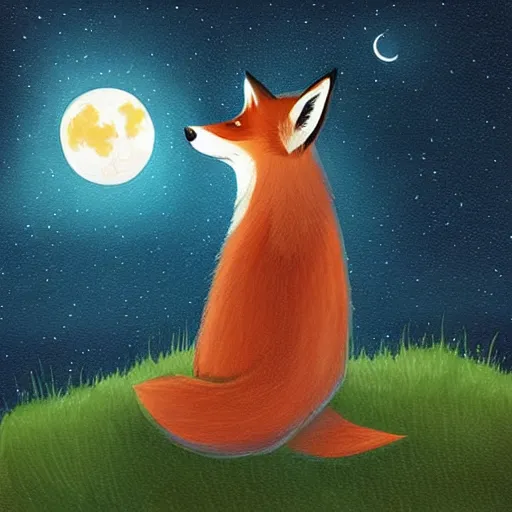 Image similar to “a fox sitting in the woods, looking up at the night sky. The moon shines brightly. digital art, painting, highly detailed”