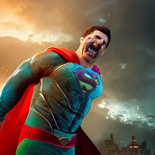 Image similar to pickle rick as superman! in gears of war, splash art, movie still, detailed face, photorealistic facial features, cinematic lighting, dramatic, octane render, long lens, shallow depth of field, bokeh, anamorphic lens flare, 8 k, hyper detailed, 3 5 mm film grain