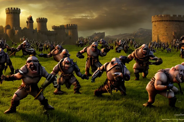 Image similar to diorama of group of minions fending off an army of orcs on the open plains of bliss wallpaper, giant castle walls, realistic, 4 k, detailed, atmospheric, cinematic lighting, octane render, unreal engine render, ray tracing lighting