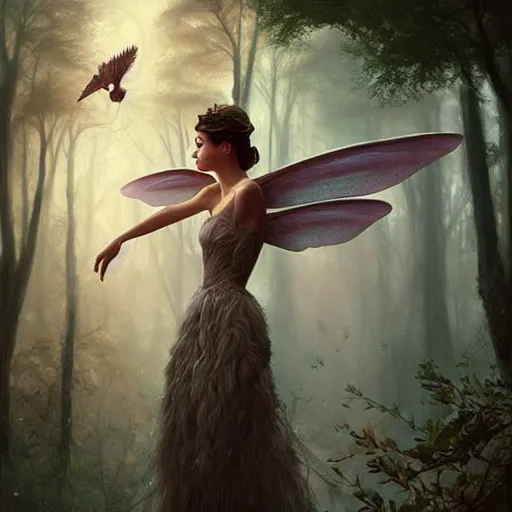 Image similar to audrey hepburn as a winged fairy in a fantasy forest, various backgrounds, highly detailed, digital painting, artstation, matte, illustration, art by artgerm, greg rutkowski, tom bagshaw