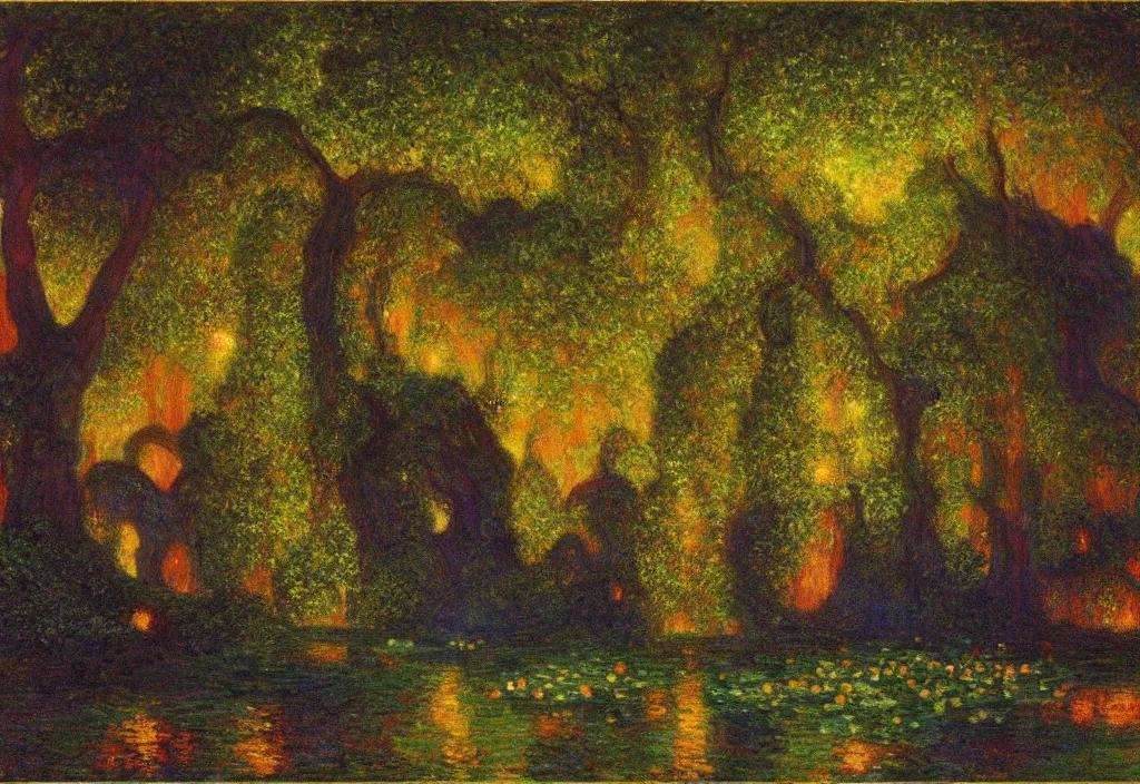 Prompt: Lothlorien at night, as painted by Claude Monet, Maxfield Parrish, Roger Dean