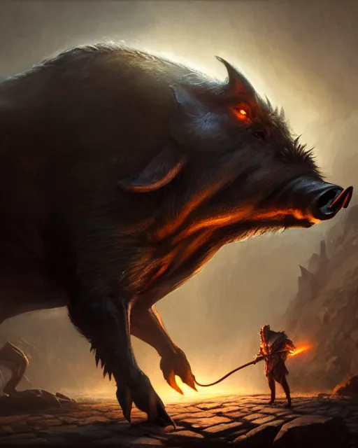 Image similar to Giant Boar looking at mouse, medium shot, fear, D&D, artstation, fantasy, magic the gathering artwork, cinematic lighting, centered, symmetrical, highly detailed, digital painting, , concept art, smooth, sharp focus, illustration, volumetric lighting, epic Composition, 8k, art by Akihiko Yoshida and Greg Rutkowski and Craig Mullins, oil painting, cgsociety