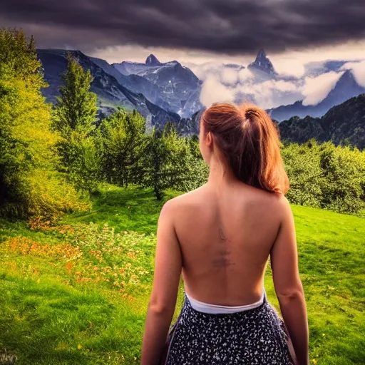 Image similar to a beautiful photograph of a girl with switzerland landscape in the background with trees, hdr, 8 k, high quality, sharp focus, artstation, highly detailed, award - winning, dramatic lighting, beautiful clouds, and nature