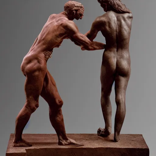 Image similar to a physical sculpture of struggle, two sides of a person by augustus rodin