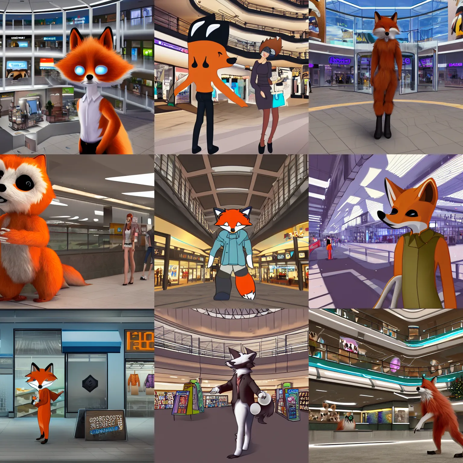 Prompt: an anthropomorphic furry fox shopping at a futuristic mall, photorealistic, furaffinity
